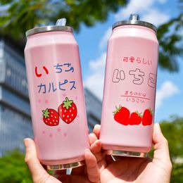 New 500ml Stainless Steel Thermos Bottle Cute Strawberry Vacuum Insulation Cup Portable Girl Fashion Water Bottle With Straw Lid LJ201218