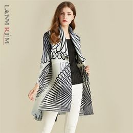 LANMREM White Stripe Long Sleeve Large Lapel Pleated Woman Cardigan Thin Jacket Casual Simple Fashion autumn Coat New TV586 201210