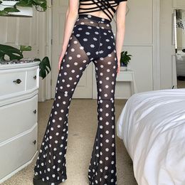 See Through Flared Mesh Summer Long Pants Women Shinning Flare Pants Perspective High Waist Clubwear Sexy Party Trousers GV332 T200606