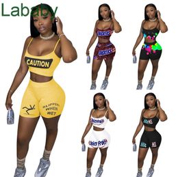 Women Tracksuits Two Piece Set Designer 2021 New Large Size Nostalgic Letter Printed Suspender Top Shorts Sports Suit Ladies Fashion Outfits