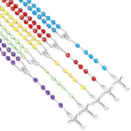 10 Colours Religion Rosary necklace For Women Long crystal Acrylic Beads chains Virgin Mary Jesus Cross pendant Fashion Jewellery