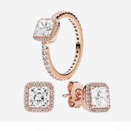Wedding Ring & Earring sets authentic 925 Silver Jewellery for Designer Square CZ diamond elegant Rings Stud Earrings with Original box