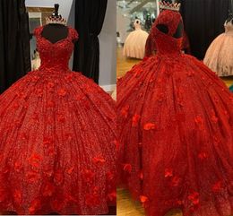 Puffy Red Hand Made Flowers Quinceanera Dresses Ball Gown Beaded Crystal Glitter Tulle Cap Short Sleeve Sweet 16 Dress Prom Graduation Womens