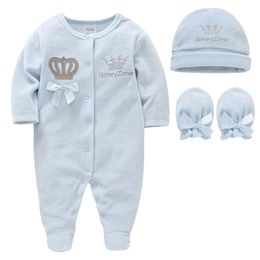 Newborn Baby Boys Girl Rompers with Hat Gloves Long Sleeve Cartoon Crown Velvet Infant Jumpsuit Overalls Toddler Onesies Outfit 201127