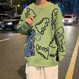 Spring and Autumn Dinosaur Cartoon Pattern Knitted Sweater Japanese Colour Couple Loose Round Neck Sweater men clothes 220108