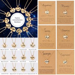 Twelve Zodiac Constellation Pattern Gold Heart Pendant Link Chain Necklace With Cardboard Female Charm Jewellery Gift Aquarius Leo