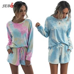 SEBOWEL Fashion Tie-Dye Print Woman Loungewear Two Pieces Sets Autumn Casual Female Long Sleeve T-shirt Shorts Pants Suits T200707