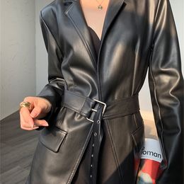 Nerazzurri Autumn light soft leather blazers women belt long sleeve new pu faux leather jacket women Plus size fashion 5xl 210201