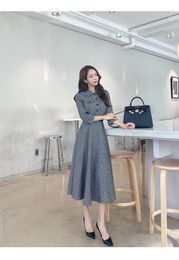 2021 A Line New Arrived Spring Temperament Office Plaid Women Turn Down Collar Three Quarter Sleeve High Waist Elegant Big Swing Dress