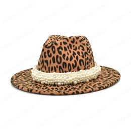 New Women Winter Leopard Printing Fedoras Vintage Jazz Cap Big Brim Party Elegant Cowboy Hat Ladies Panama