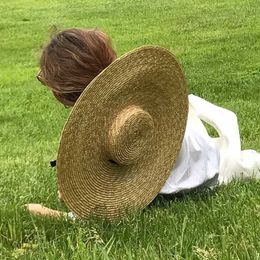 Elegant Natural 18cm Big Straw with Lace Up Wide Brim Kentucky Derby Women Ribbon Girl Summer Sun Protection Beach Hat Y200602