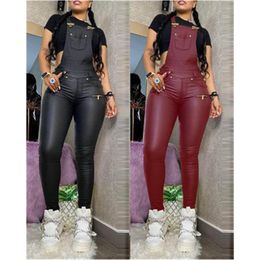 Women PU Leather Sling Rompers Fashion Trend Skinny Strap Long Pants Jumpsuits Designer Female Spring New Sexy Casual Slim Nightclub Rompers