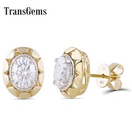 Transgems Vintage 14K 585 Yellow Gold 2CTW 6*7mm Oval GH Colour Moissanite Stud Earring with Push Back for Women Fine Earrings Y200620
