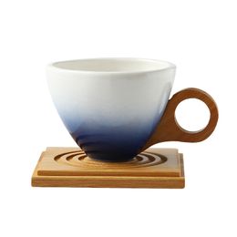Creative Ceramic Coffee Cup Set Household Wooden Handle Mug with Lid Ceramic Cup Simple Office Water Cup