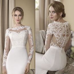 Modern Lace Long Sleeve Mermaid Wedding Dresses For Bride Appliques Illusion Back Buttons Ivory White Bridal Reception Dress Jewel Neck Satin Wedding Gowns