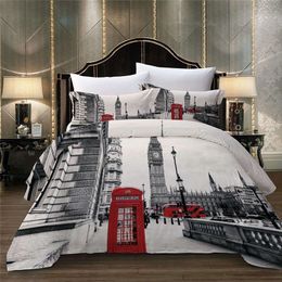 Paris Tower London City Scenery Big Ben Red Telephone Booth Bus Print Bedding Set Quilt Duvet Cover+Pillow Case US AU EU Size 201209