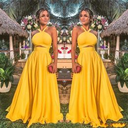 Cheap Yellow Simple A Line Prom Dresses Halter Neck Floor Length Backless Sexy Formal Party Gowns Wear Evening Gowns Vestidos De Fiesta
