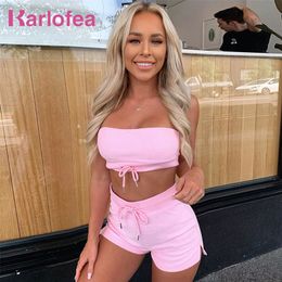 Karlofea New Vacation 2 Piece Shorts Set Lovely Female Girls Summer Casual Street Wear Chic Tube Top And Short Lounge Suit Cloth T200701