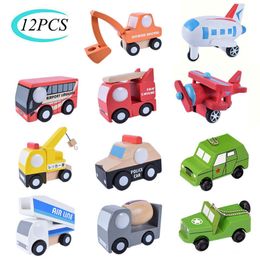 12PCS Set Mini Wooden Car Airplane Model Toy Simple Style Decoration Color Wooden Car Airplane Mini Educational Toy For Children LJ200930