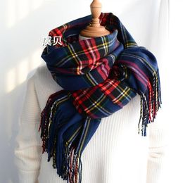 Faux cashmere shawl high quality classic dark blue plaid long scarf cape soft chic fashion casual warm for women lady