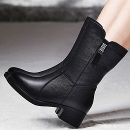 Hot Sale Women Female Mother Ladies Genuine Leather Shoes Boots Mid Calf Winter Plush Fur Warm Zipper Med Heel Bling