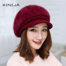 Berets Winter Warm Women Knitted Hats Beanies Fur Cap And Thick Wool Hat Beret Solid Flat Windbreak Ear Protection1