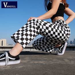 Vangull Plaid Pants Womens High Waist Chequered Straight Loose Sweat Pants Casual Fashion Trousers Pantalon Femme Sweatpants 201031