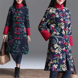 Chinese Red Floral Women Winter Warm Long Jacket Vintage Padded Coat Female Blue Flower Winter Quilted Parka Ladies Windbreaker 201217