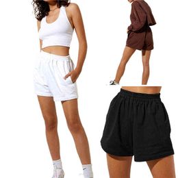 Women Loose Style Shorts, Solid Colour Elastic High Waist Sweatpants with Pockets, Black/ White/ Beige/ Brown Y220311