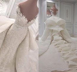 Stunning Arabic Mermaid Wedding Dresses With Detachable Chapel Train 2021 Off Shoulder Lace Appliques Ruched Church Bridal Gowns AL7687