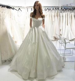 Simple Off Shoulder Stain Wedding Dresses With Pockets A Line Sweep Train Spring Summer Garden Bridal Gowns New 2021 Vestidos de novia