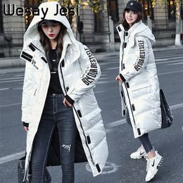 New Winter Women's Down Padded Jacket Long Korean Version Over The Knee Loose Letter Printing Shiny Padded Jacket Women 201217