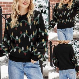 Women's Sweaters Women Christmas Long Sleeve O-Neck Sweater Shiny Tinsel Colourful Lights Jacquard Jumper Top Holiday Loose Knitwear Shirt