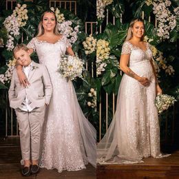 2021 Short Sleeves Pregnant Wedding Dresses V Neck Lace Applique Empire Waist Sweep Train Plus Size Wedding Bridal Gown vestido de novia