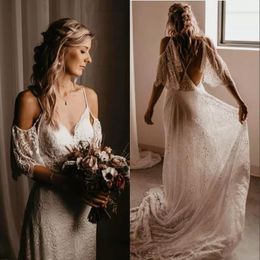 2021 Boho Lace Wedding Dresses Sexy Backless Chapel Train Short Sleeves Off the Shoulder Wedding Bridal Gown Custom Made vestido de novia