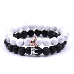 Crystal Crown Bracelet Natural Stone Lave Rock white turquoise Beads Bracelets Fashion Jewelry for Women Men Will and Sandy gift