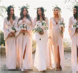 Blush Pink Chiffon Side Split Chiffon Bridesmaid Dresses Plus Size Long Sleeves Summer Maid of Honor Dress V Neck Wedding Party Gowns V22