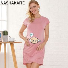 NASHAKAITE Women maternity clothes Cartoon Baby "Hi" Hip Dress Fashion Short Sleeve Summer pregnant dress LJ201123