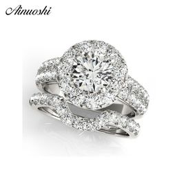 AINUOSHI Classic 925 Sterling Silver Wedding Ring Set White Gold Colour 1ct Round Halo Lovely Silver Bridal Rings For Women Y200106