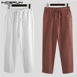 INCERUN Streetwear Men Solid Casual Pants Fashion Joker Straight Leg Trousers Cotton Linen Mens Stretch Waist Sweatpants Joggers1