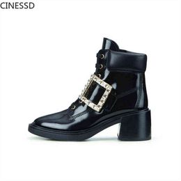 Boot Women Cow Leather Square Crystal Button Ankle Boots Rhinestone Martin Boot Hoof Heels Genuine Shoes Woman Short 220310