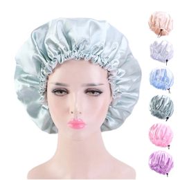 Women Shower Cap Satin Bath Hat Double Layer Hair Cover Adjustable Elastic Band Headwear Makeup Hair Accessories Waterproof
