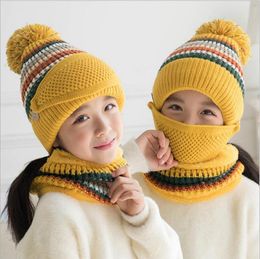 Children Knitted Mask Hat Scarf Thick Warm Winter Riding Sets Girls Fashion Breathable Beanies Mask Scarf Wool Cap DDA806