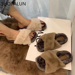 SUOJIALUN Women Furry Slipper High Quality Real Hair Sandal Winter Warm Plush Fur Slides Ladies Flat Heel House Slipper Shoes Y201026