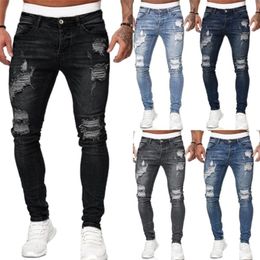 Jeans Uomo Pantaloni skinny strappati con foro elasticizzato Pantaloni slim in denim elasticizzato Pantaloni hip-hop di grandi dimensioni neri blu Jeans da jogging casual per uomo 220311