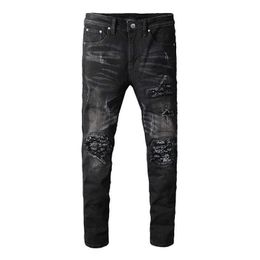 Men's Jeans Street trend knee Fold Black cashew nut floral leather zipper jeans elastic slim fit stitched Motorcycle Pants