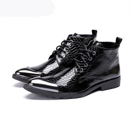 Handmade Boots Men Pointed Metal Tip Black Leather Ankle Boots Lace-up Western Fashion Botas Hombre Cool, Big Sizes 46
