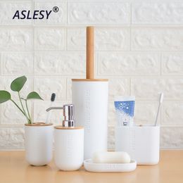 6Pcs Bamboo Bathroom Set Toothbrush Holder Toilet Brush Cup Soap Holder Press Emulsion Dispenser Container Bathroom Accessories Y200407