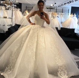 Sweetheart Princess Ball Gowns Wedding Glitter Sequined Lace Appliques Arabic Bridal Dresses 2021 Puffy Plus Size Vestidos De Novia AL8258