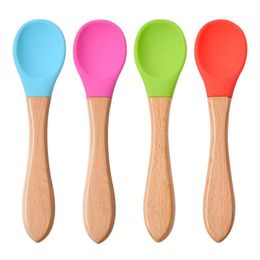 2021 Baby Feeding Spoon Wooden Handle Silicone Spoon Baby Food Spoons Anti-Scald And Fall Resistance Training Spoons